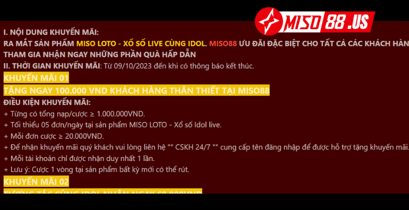 Chương trình khuyến mãi Xổ số Idol Live Miso88